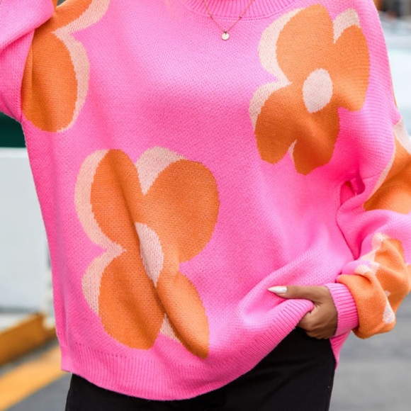 Pink and Orange Large Flower Pattern Slouchy Oversized Sweater - Picture 6 of 9
